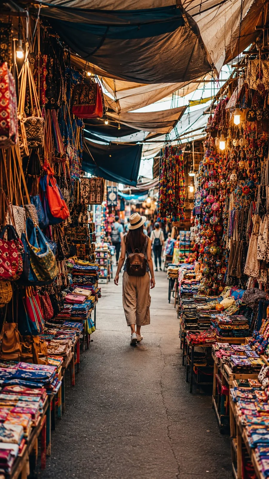 Viajera caminando entre los puestos del mercado de Chatuchak