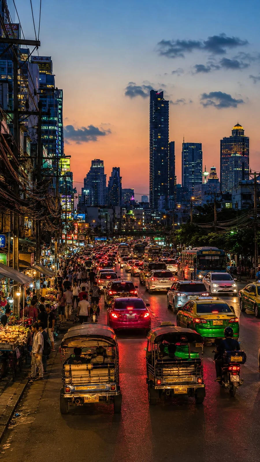 Tráfico, puestos callejeros y edificios iluminados al anochecer en Bangkok