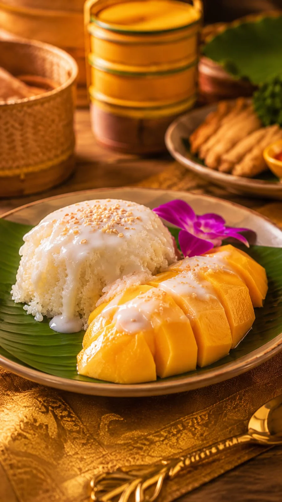 Arroz pegajoso con mango y leche de coco servido sobre una hoja de plátano