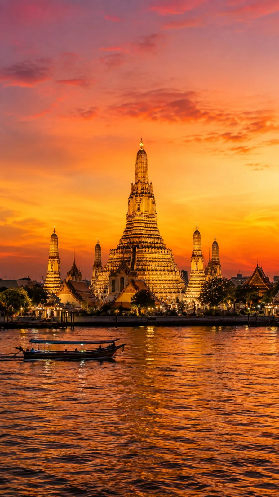 Wat Arun iluminado al atardecer junto al río Chao Phraya en Bangkok