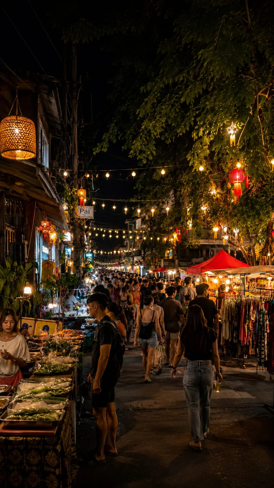 Mercado nocturno lleno de puestos, faroles y visitantes en Chiang Mai