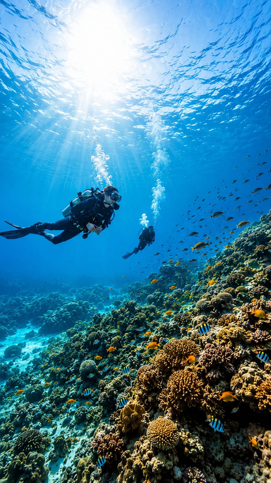 Buceadores explorando un arrecife de coral en las aguas de Koh Tao