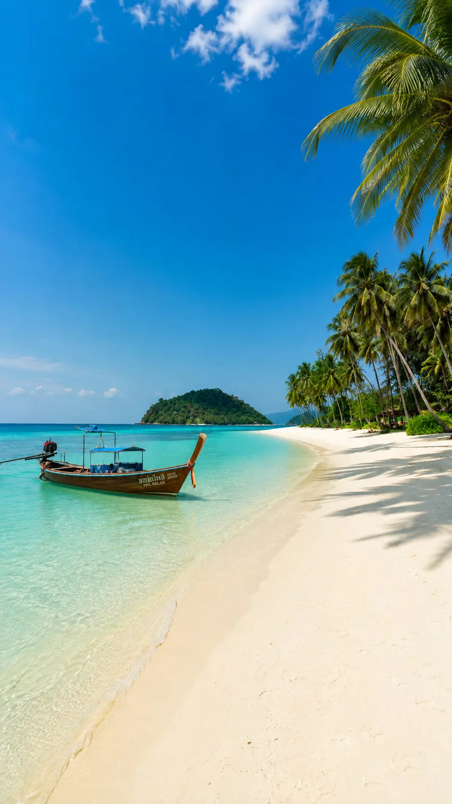 Playa de arena blanca y aguas turquesas con una barca tradicional en Koh Lipe