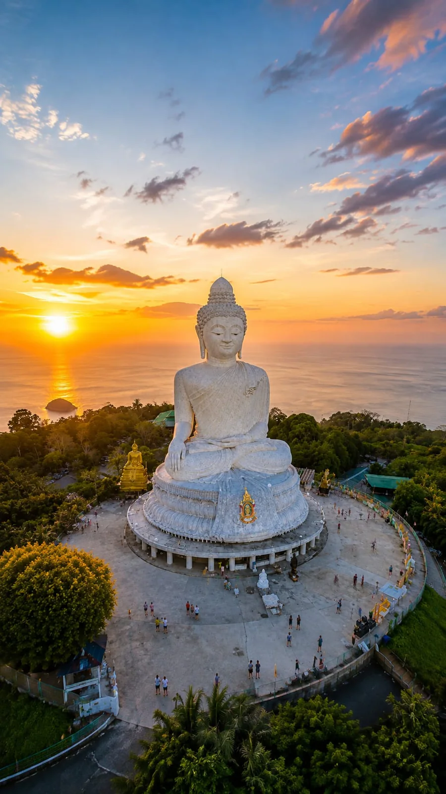 Gran Buda de Phuket frente al mar durante el atardecer