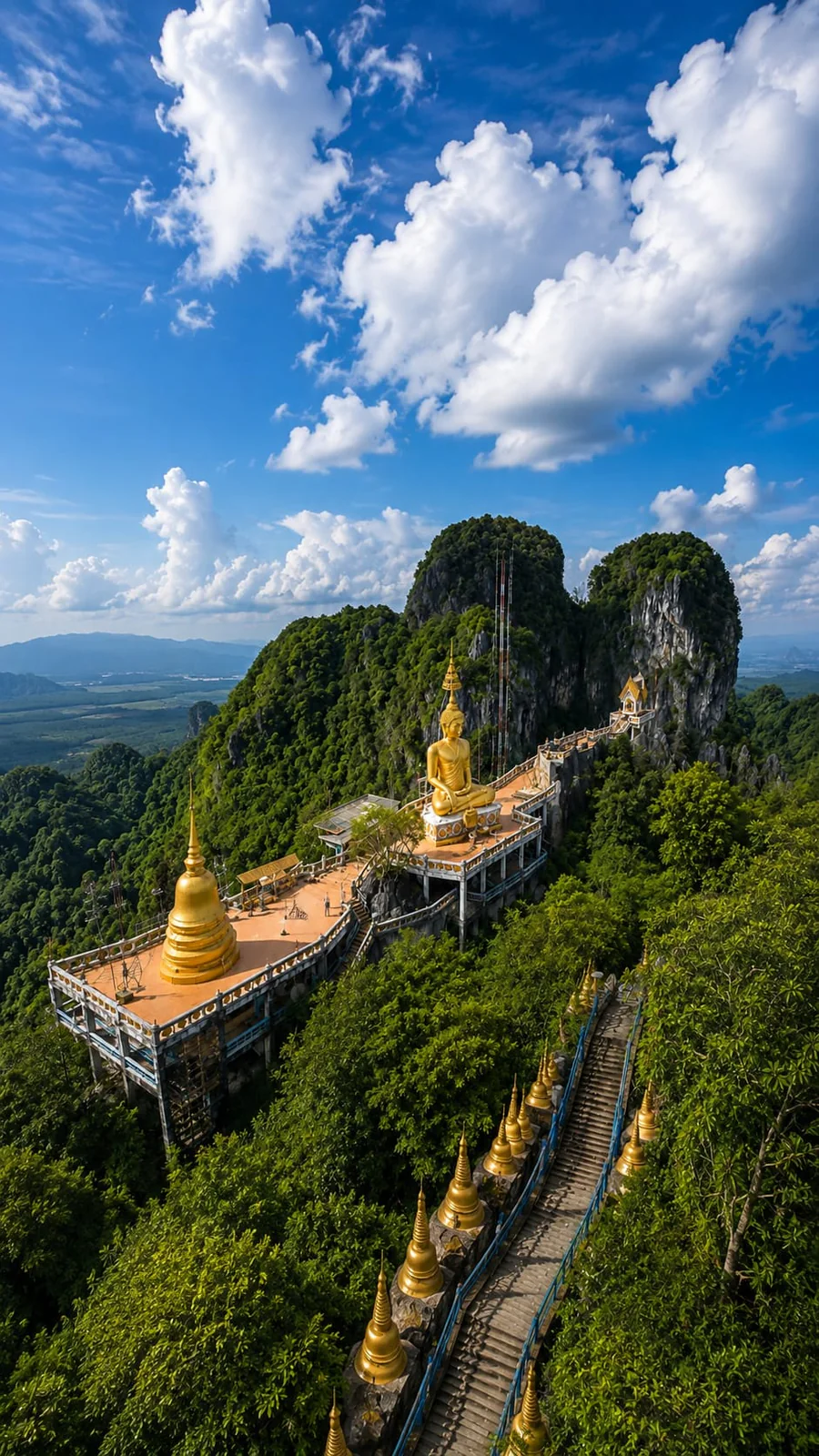 Templo y gran Buda dorado entre las montañas de Krabi
