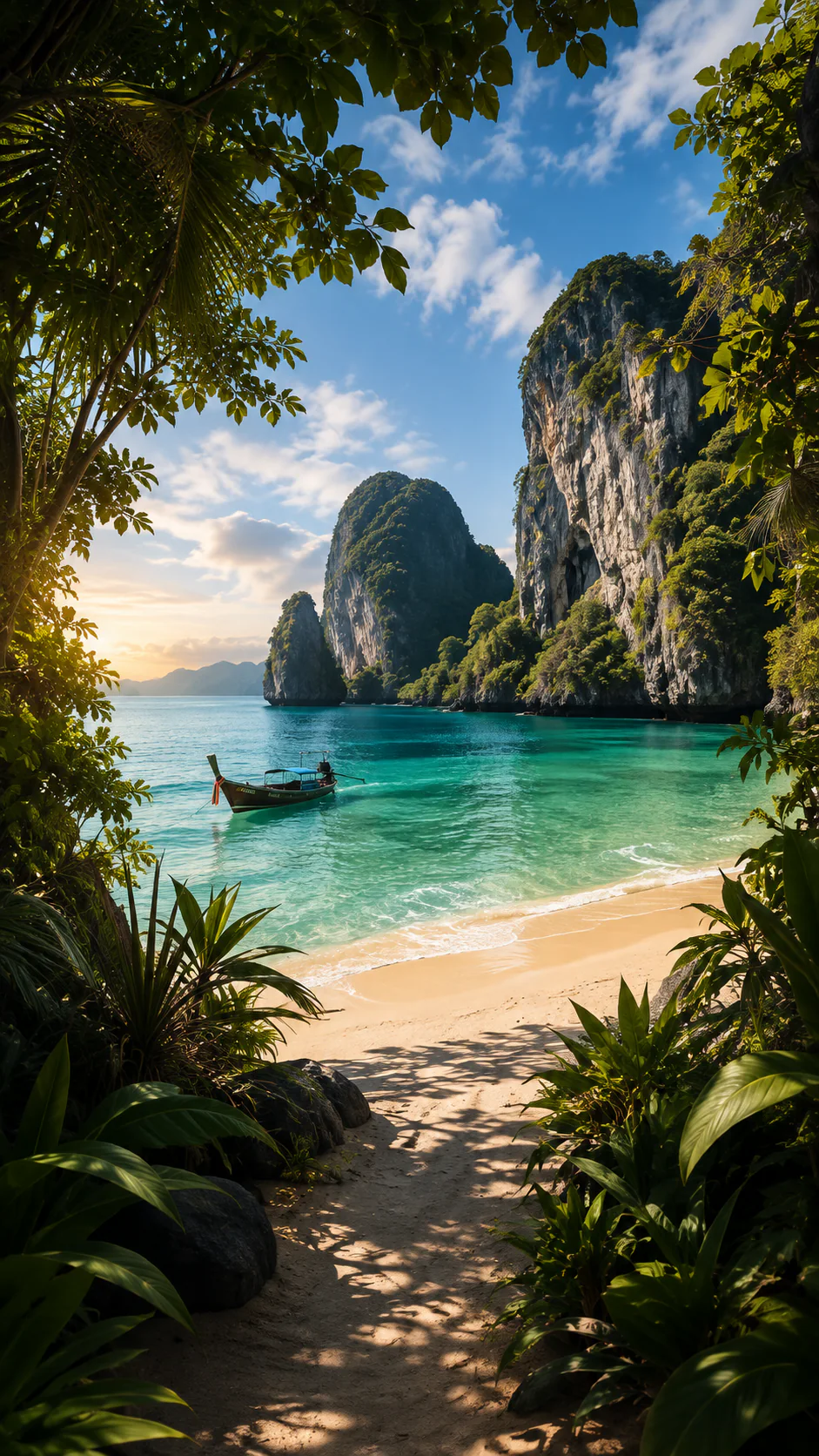 Playa tropical rodeada de vegetación y formaciones de piedra caliza en Tailandia
