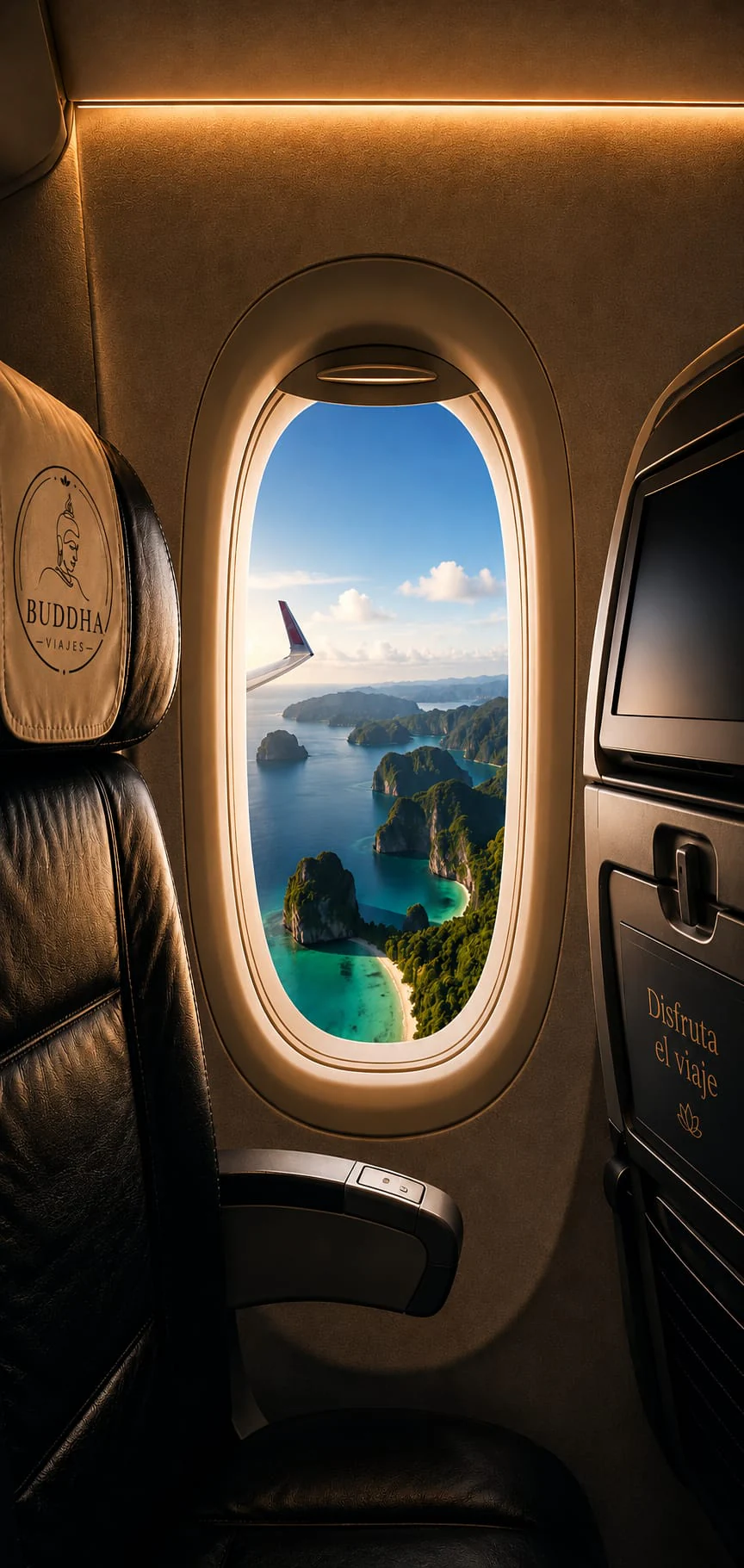 Interior de un avión de Buddha Viajes con vistas a las islas de Tailandia